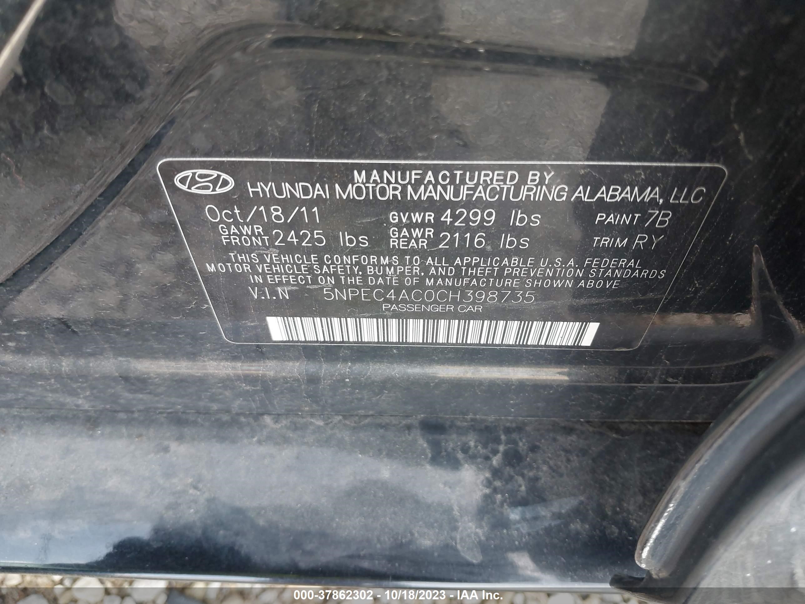 Photo 8 VIN: 5NPEC4AC0CH398735 - HYUNDAI SONATA 