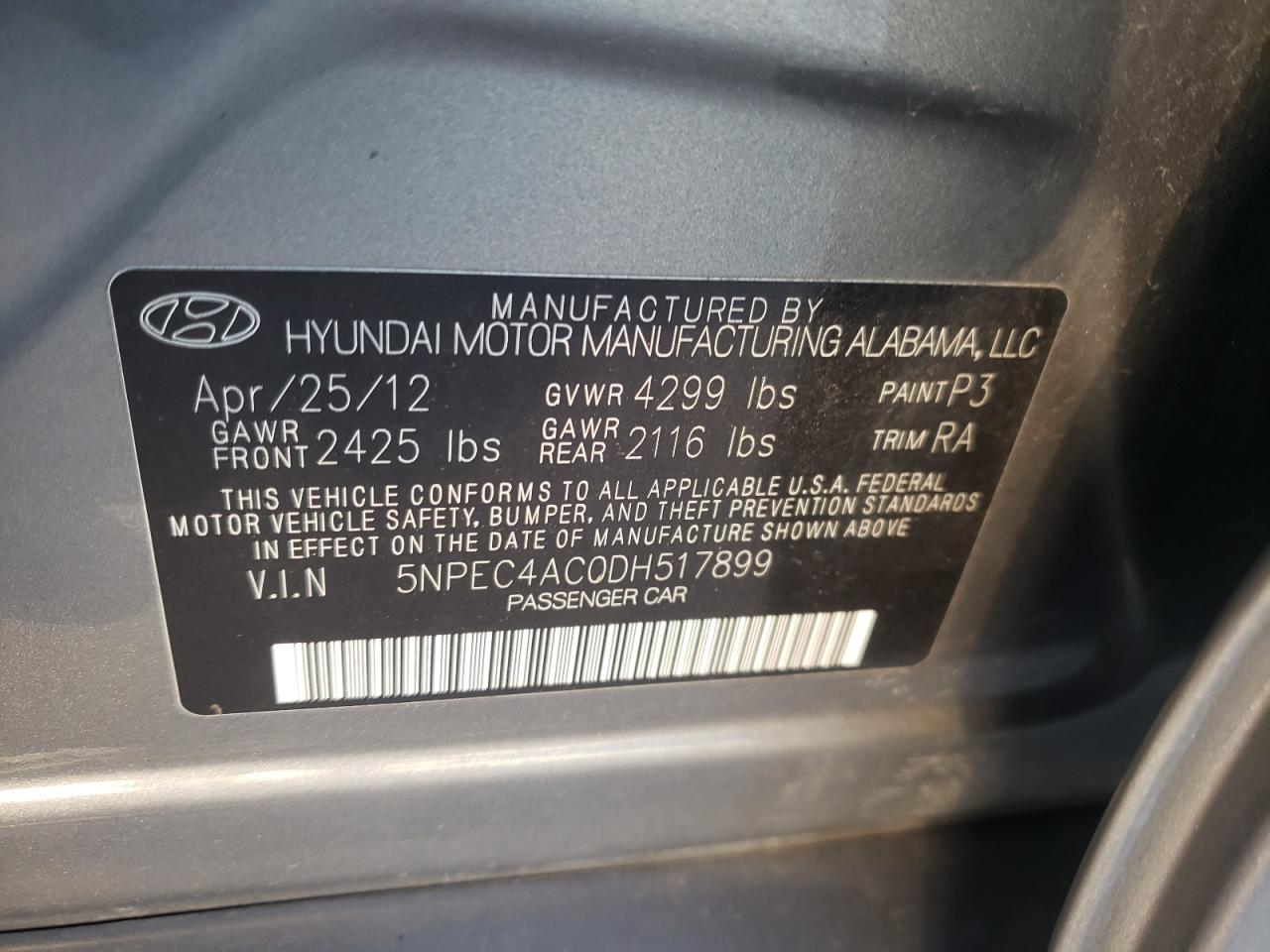 Photo 11 VIN: 5NPEC4AC0DH517899 - HYUNDAI SONATA 