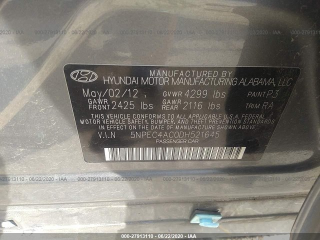 Photo 8 VIN: 5NPEC4AC0DH521645 - HYUNDAI SONATA 