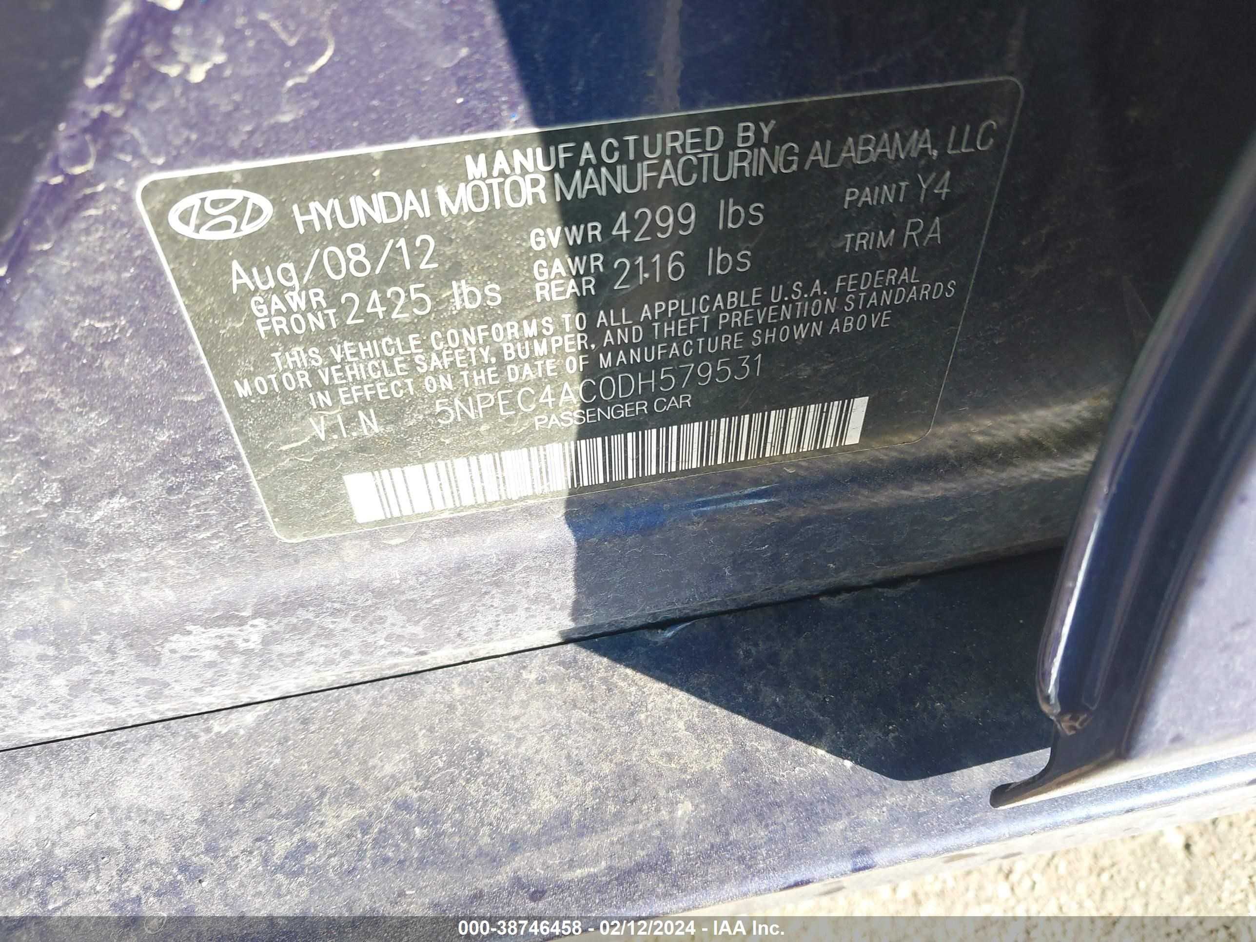 Photo 8 VIN: 5NPEC4AC0DH579531 - HYUNDAI SONATA 