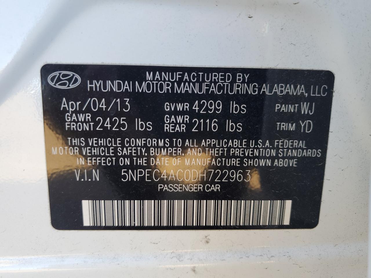 Photo 12 VIN: 5NPEC4AC0DH722963 - HYUNDAI SONATA 