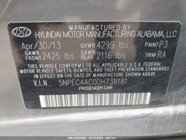 Photo 8 VIN: 5NPEC4AC0DH739181 - HYUNDAI SONATA 