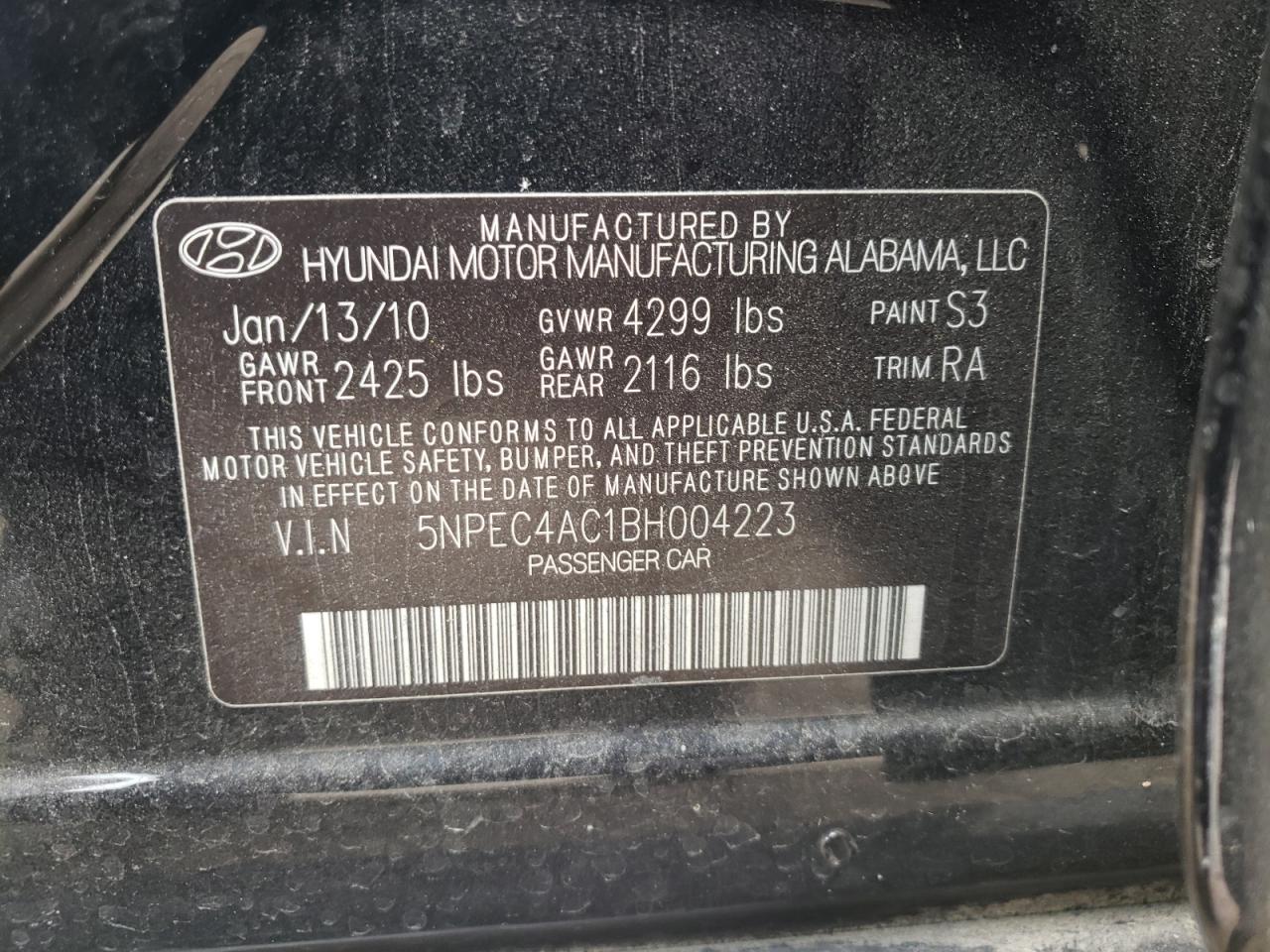 Photo 11 VIN: 5NPEC4AC1BH004223 - HYUNDAI SONATA 