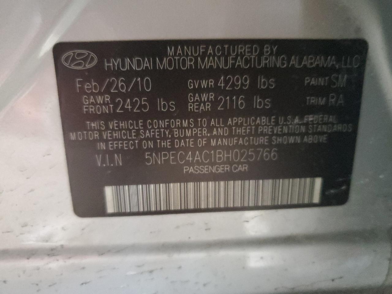 Photo 11 VIN: 5NPEC4AC1BH025766 - HYUNDAI SONATA 