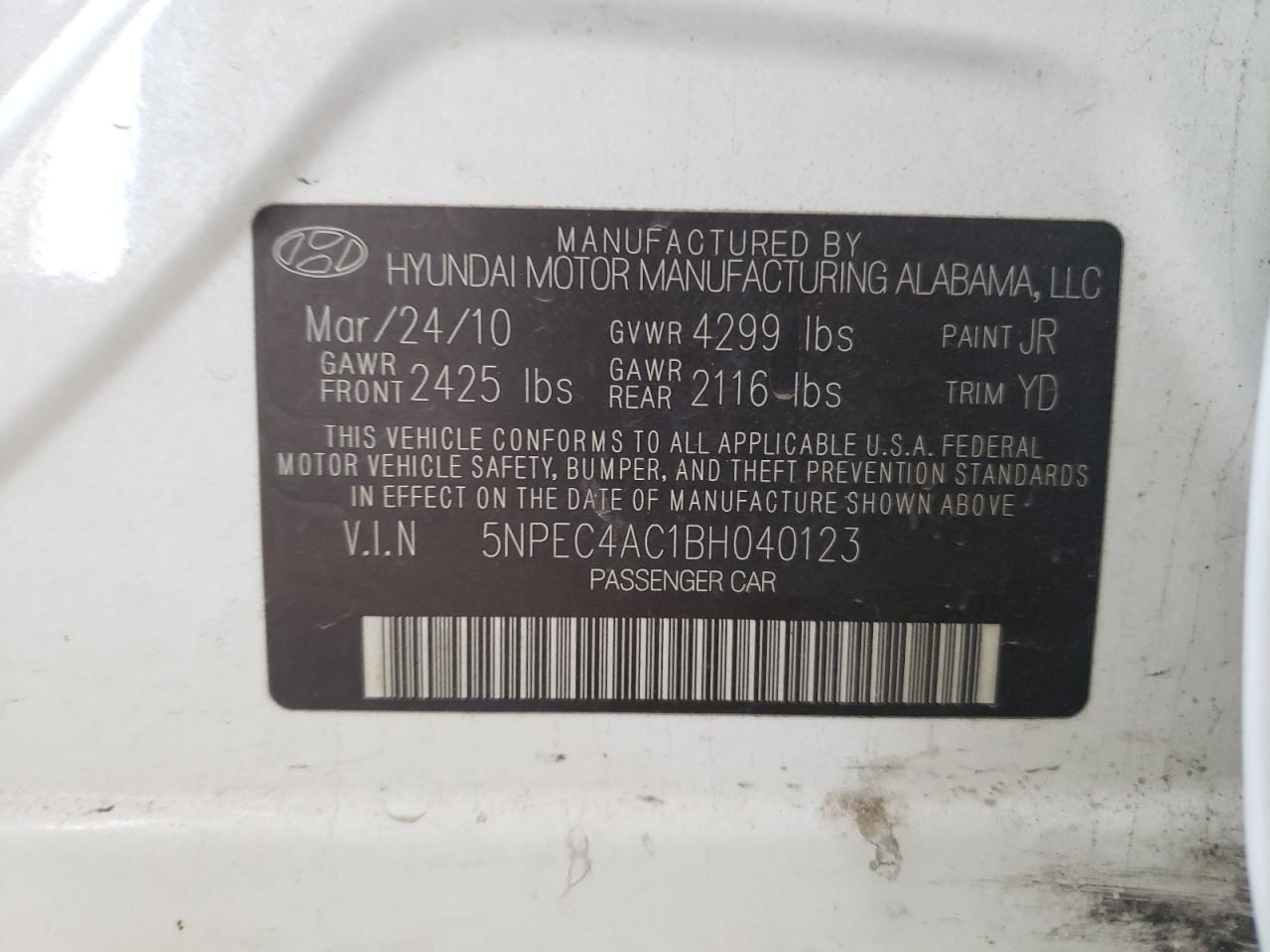 Photo 11 VIN: 5NPEC4AC1BH040123 - HYUNDAI SONATA 