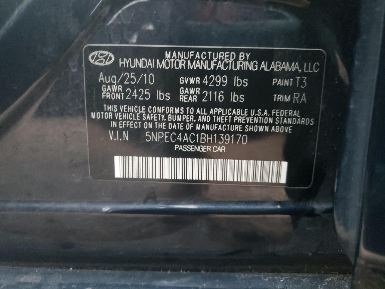 Photo 11 VIN: 5NPEC4AC1BH139170 - HYUNDAI SONATA 