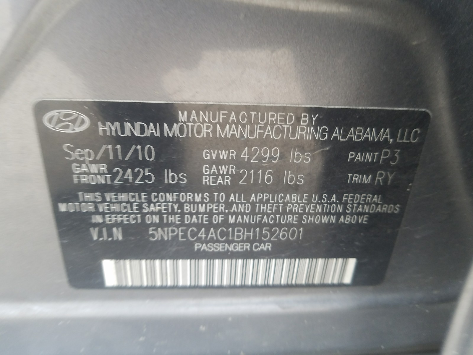 Photo 9 VIN: 5NPEC4AC1BH152601 - HYUNDAI SONATA SE 