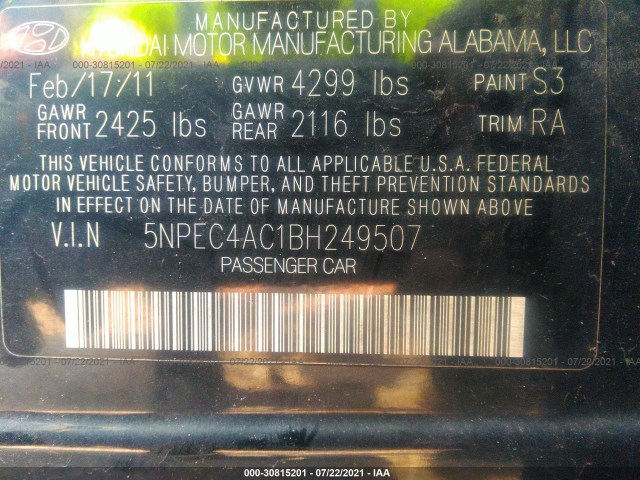 Photo 8 VIN: 5NPEC4AC1BH249507 - HYUNDAI SONATA 