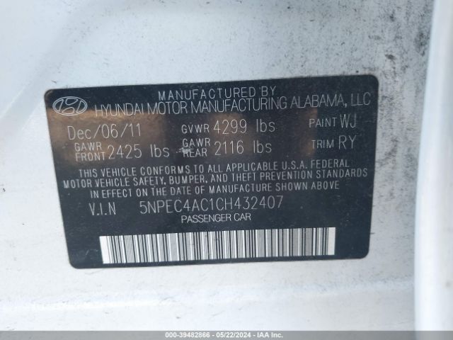 Photo 8 VIN: 5NPEC4AC1CH432407 - HYUNDAI SONATA 