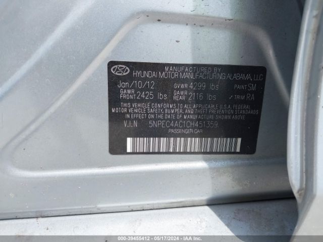 Photo 8 VIN: 5NPEC4AC1CH451359 - HYUNDAI SONATA 