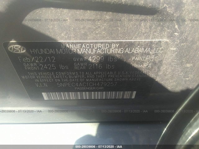 Photo 8 VIN: 5NPEC4AC1CH479257 - HYUNDAI SONATA 