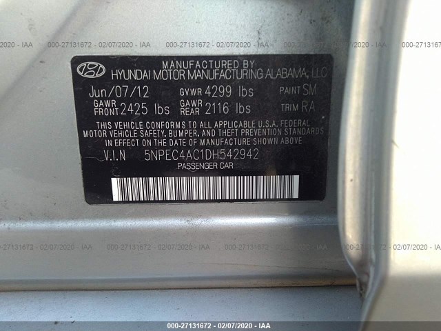 Photo 8 VIN: 5NPEC4AC1DH542942 - HYUNDAI SONATA 