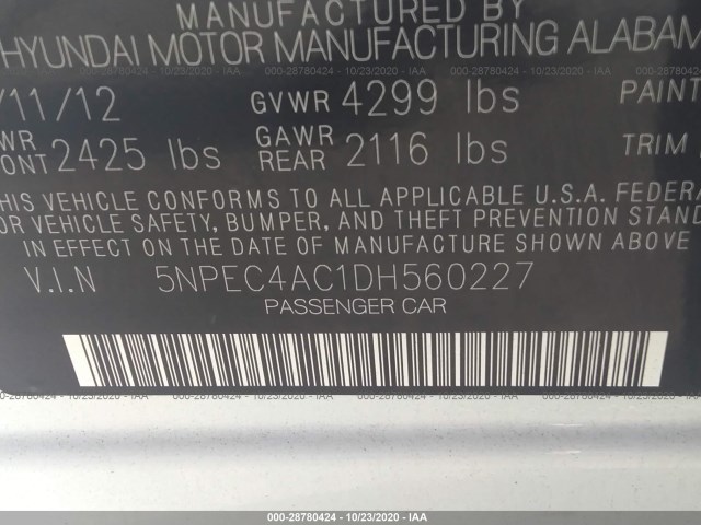 Photo 8 VIN: 5NPEC4AC1DH560227 - HYUNDAI SONATA 