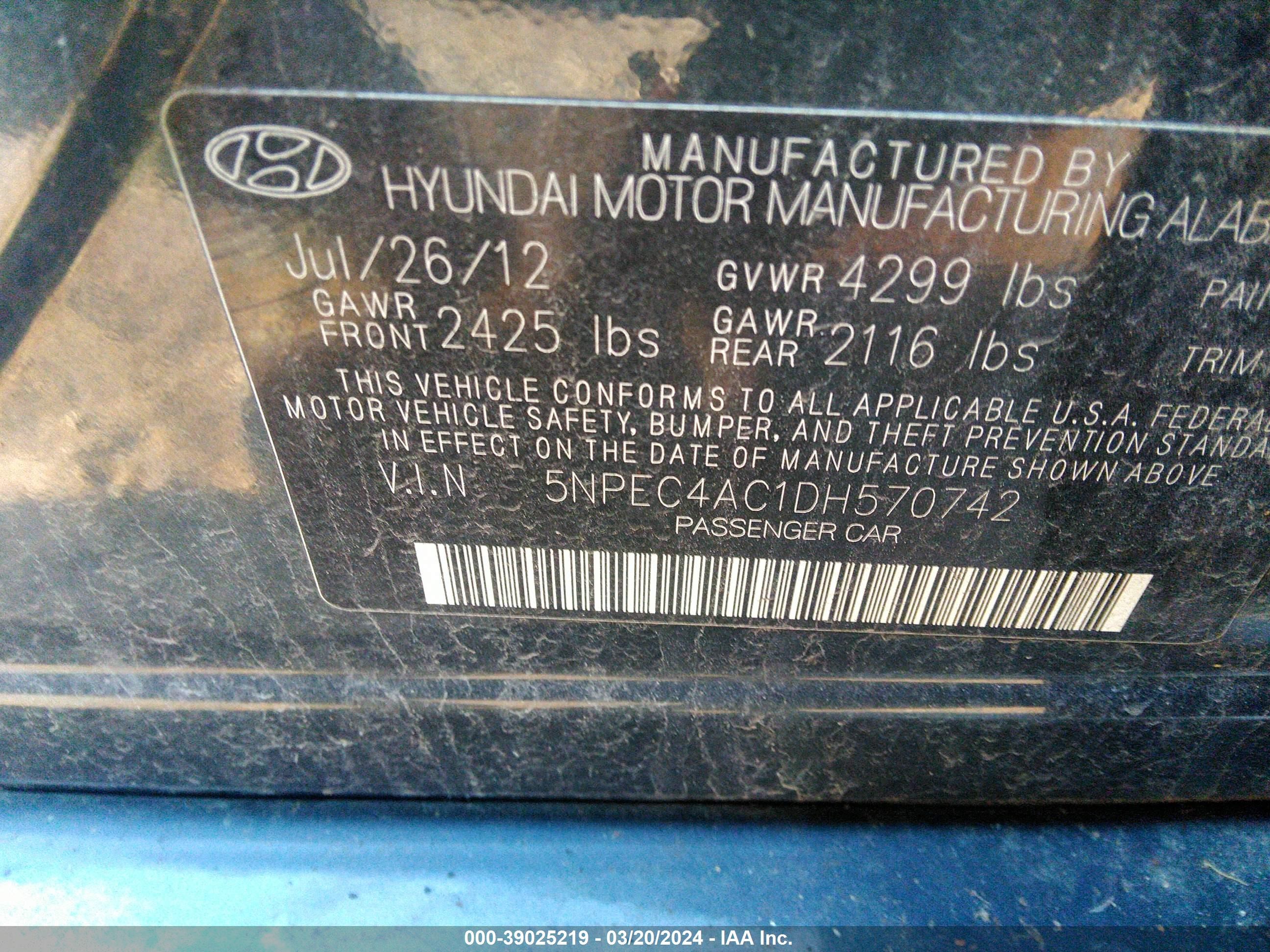 Photo 8 VIN: 5NPEC4AC1DH570742 - HYUNDAI SONATA 