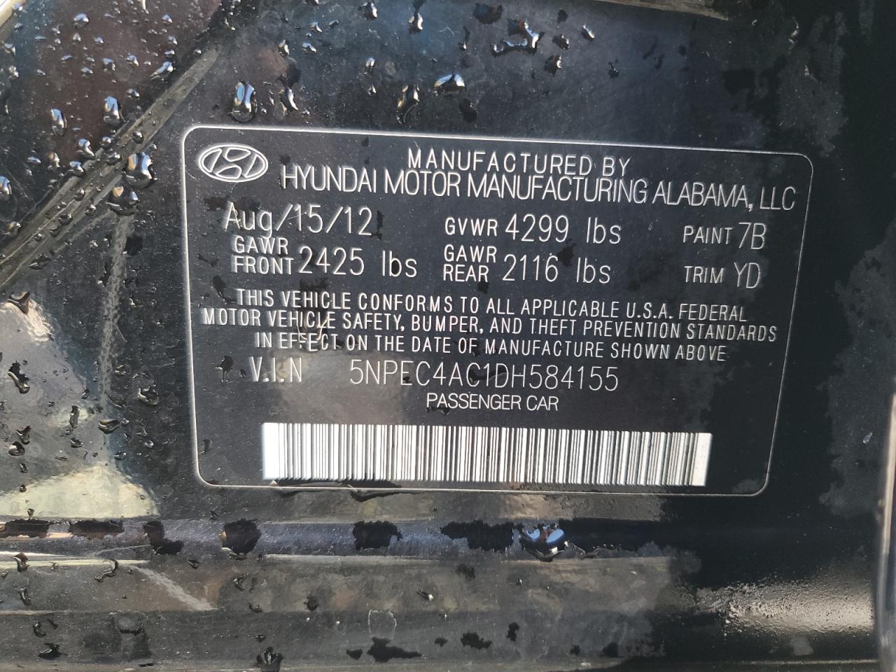 Photo 11 VIN: 5NPEC4AC1DH584155 - HYUNDAI SONATA 