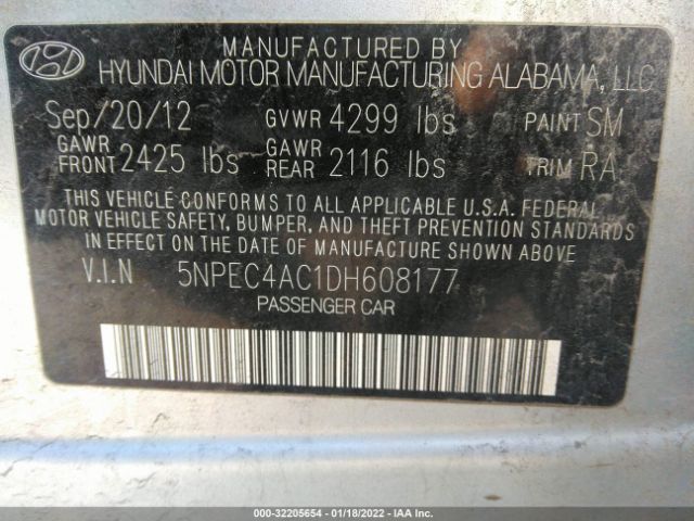 Photo 8 VIN: 5NPEC4AC1DH608177 - HYUNDAI SONATA 