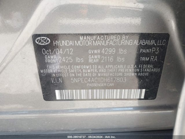 Photo 8 VIN: 5NPEC4AC1DH617803 - HYUNDAI SONATA 