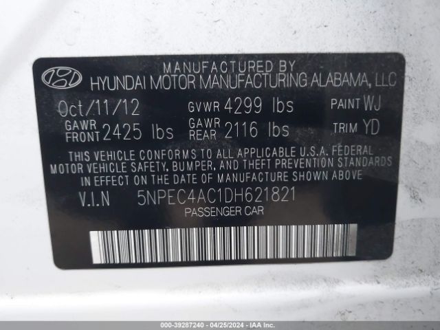 Photo 8 VIN: 5NPEC4AC1DH621821 - HYUNDAI SONATA 