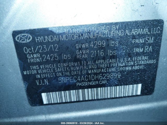 Photo 8 VIN: 5NPEC4AC1DH629899 - HYUNDAI SONATA 