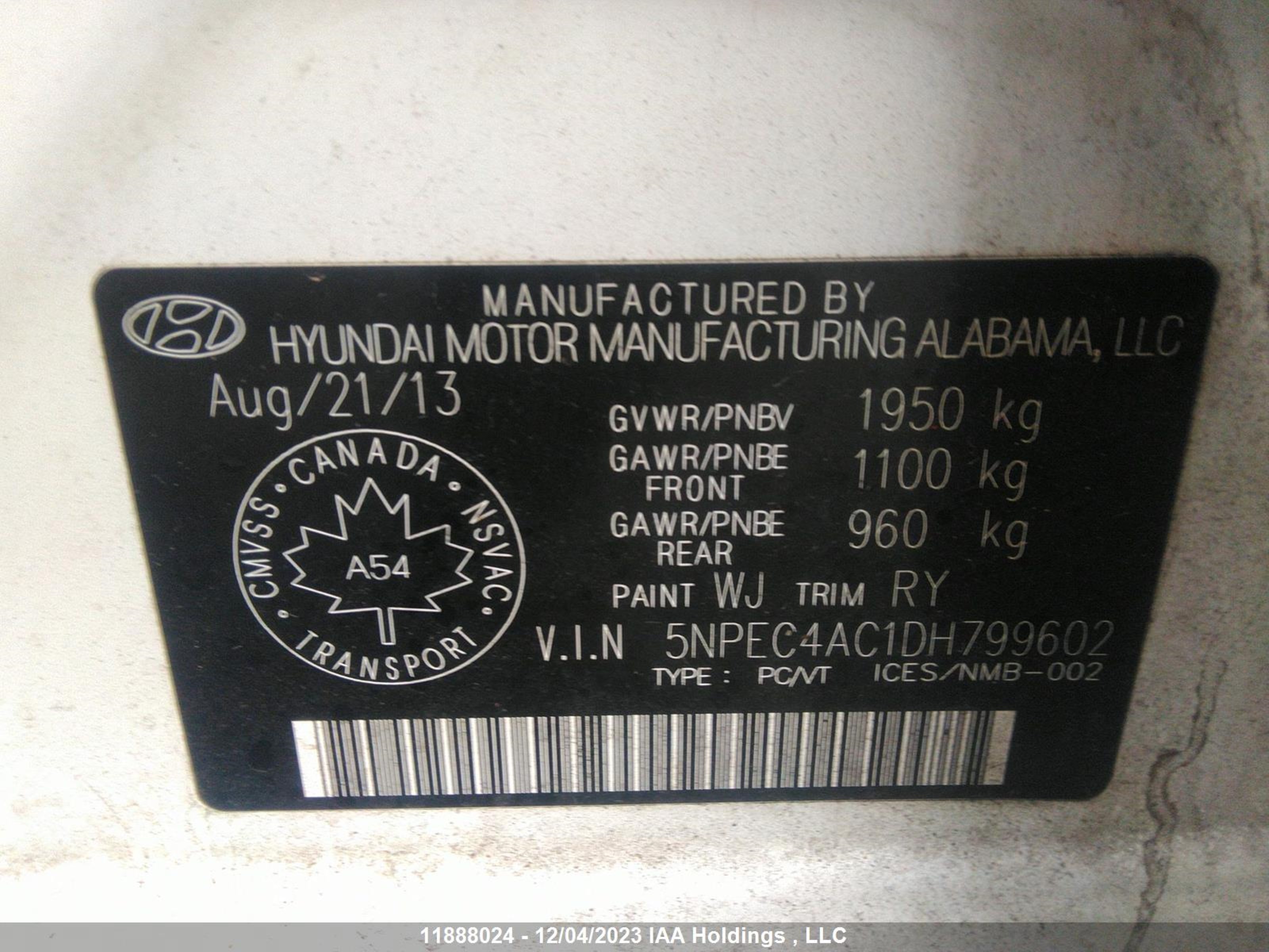 Photo 8 VIN: 5NPEC4AC1DH799602 - HYUNDAI SONATA 