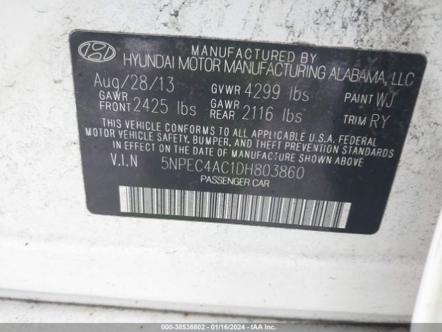 Photo 8 VIN: 5NPEC4AC1DH803860 - HYUNDAI SONATA 