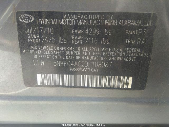 Photo 8 VIN: 5NPEC4AC2BH108087 - HYUNDAI SONATA 