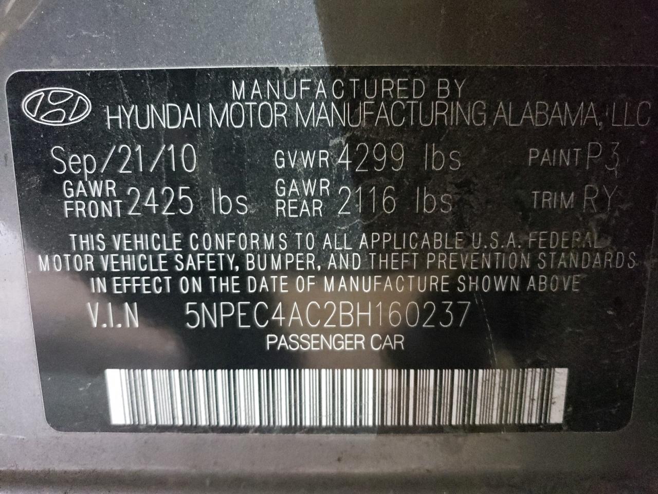 Photo 11 VIN: 5NPEC4AC2BH160237 - HYUNDAI SONATA 