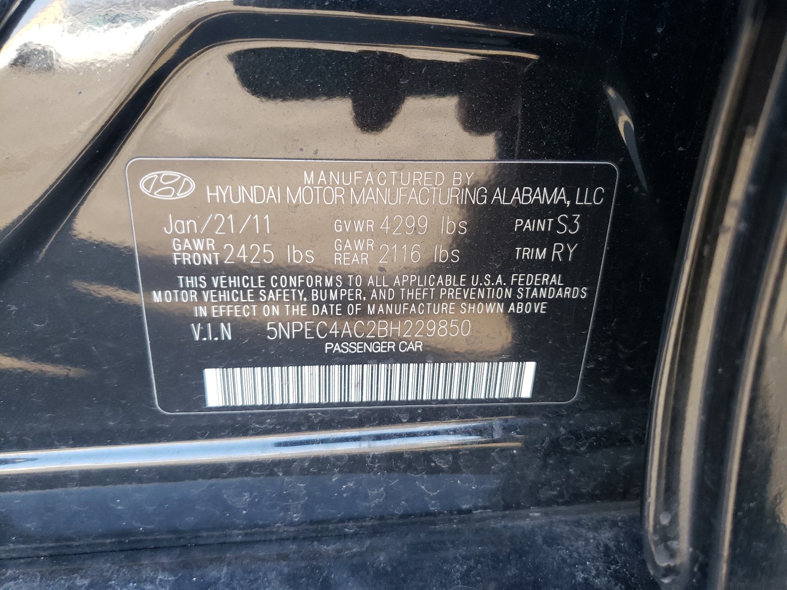 Photo 9 VIN: 5NPEC4AC2BH229850 - HYUNDAI SONATA LIM 