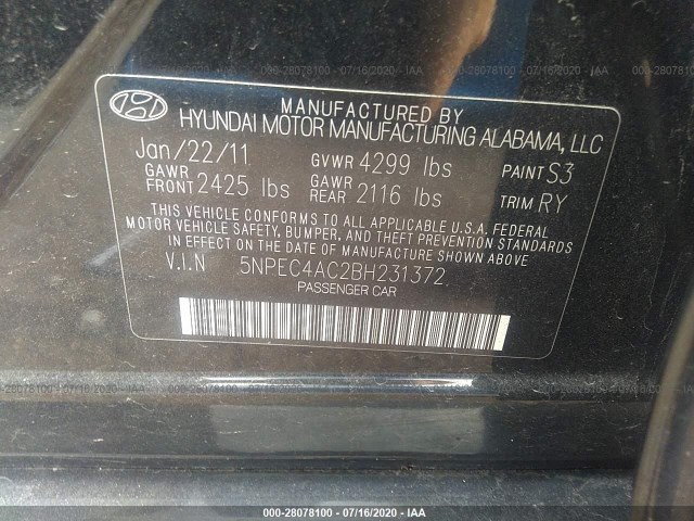 Photo 8 VIN: 5NPEC4AC2BH231372 - HYUNDAI SONATA 