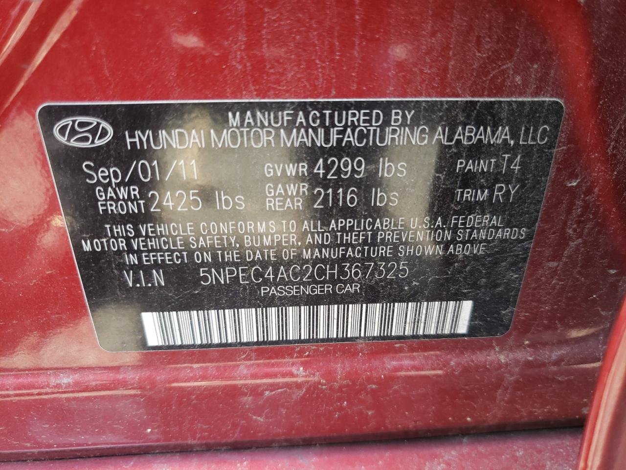 Photo 11 VIN: 5NPEC4AC2CH367325 - HYUNDAI SONATA 