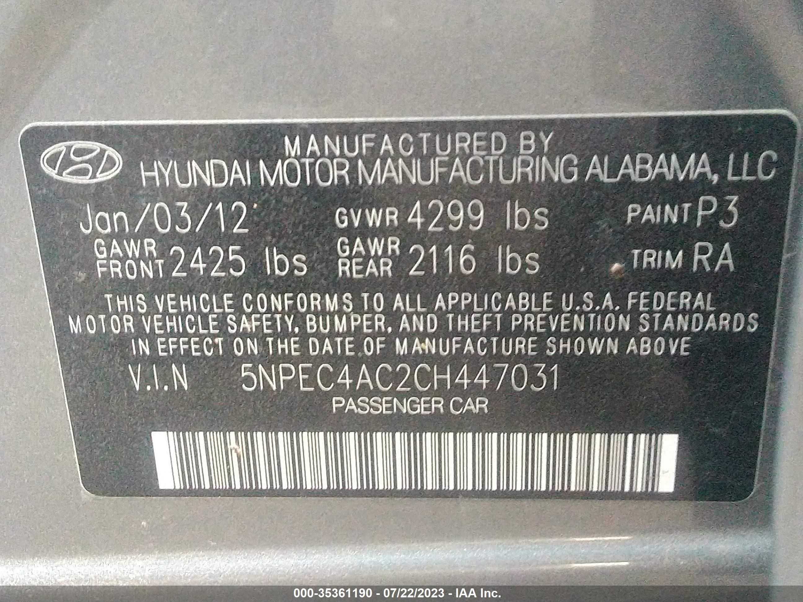 Photo 8 VIN: 5NPEC4AC2CH447031 - HYUNDAI SONATA 