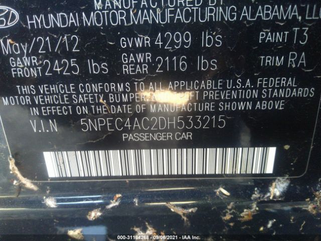 Photo 8 VIN: 5NPEC4AC2DH533215 - HYUNDAI SONATA 