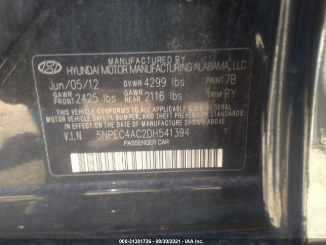 Photo 8 VIN: 5NPEC4AC2DH541394 - HYUNDAI SONATA 