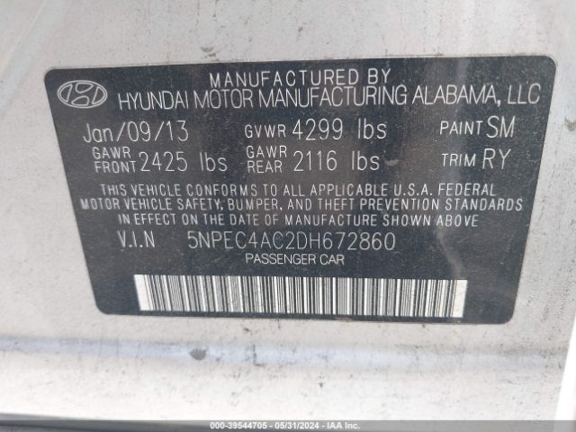 Photo 8 VIN: 5NPEC4AC2DH672860 - HYUNDAI SONATA 