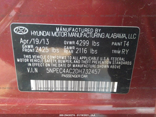 Photo 8 VIN: 5NPEC4AC2DH732457 - HYUNDAI SONATA 