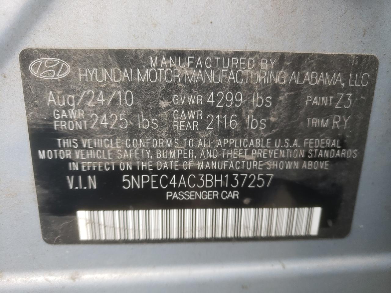 Photo 12 VIN: 5NPEC4AC3BH137257 - HYUNDAI SONATA 