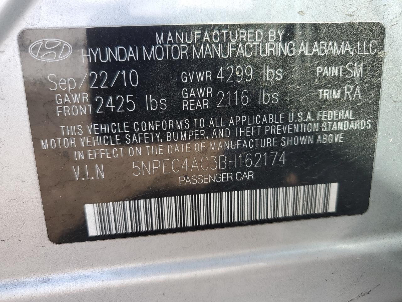 Photo 11 VIN: 5NPEC4AC3BH162174 - HYUNDAI SONATA 