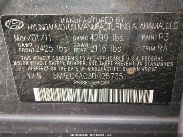 Photo 8 VIN: 5NPEC4AC3BH257351 - HYUNDAI SONATA 