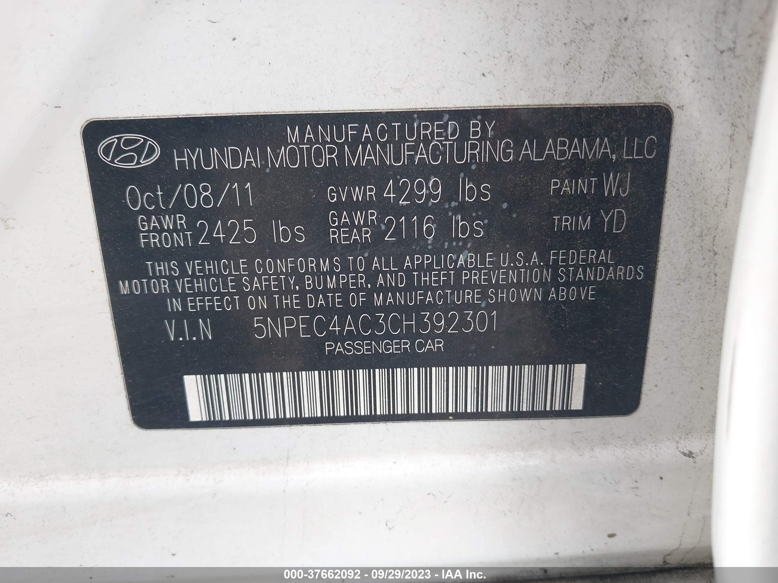 Photo 8 VIN: 5NPEC4AC3CH392301 - HYUNDAI SONATA 