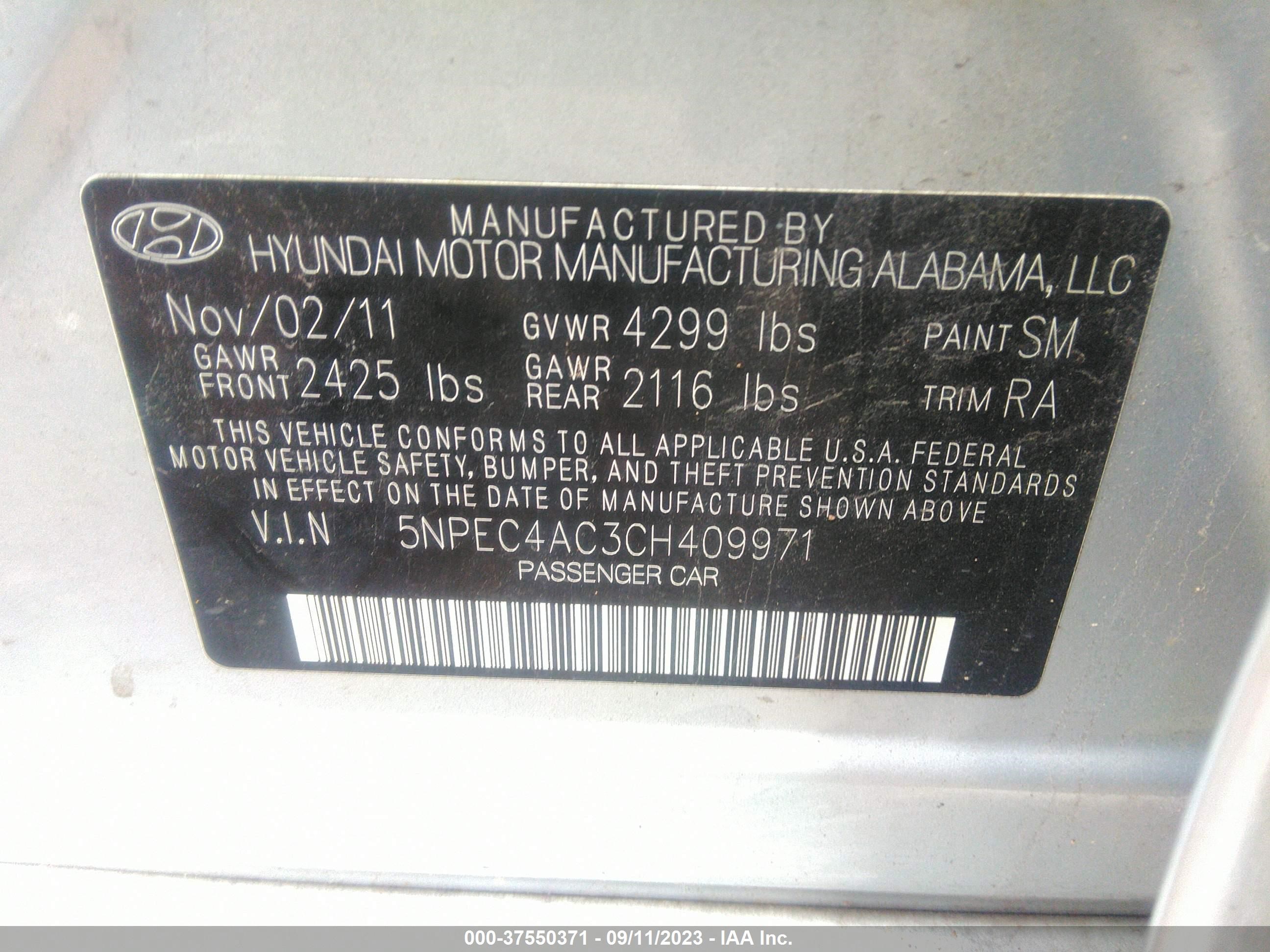 Photo 8 VIN: 5NPEC4AC3CH409971 - HYUNDAI SONATA 