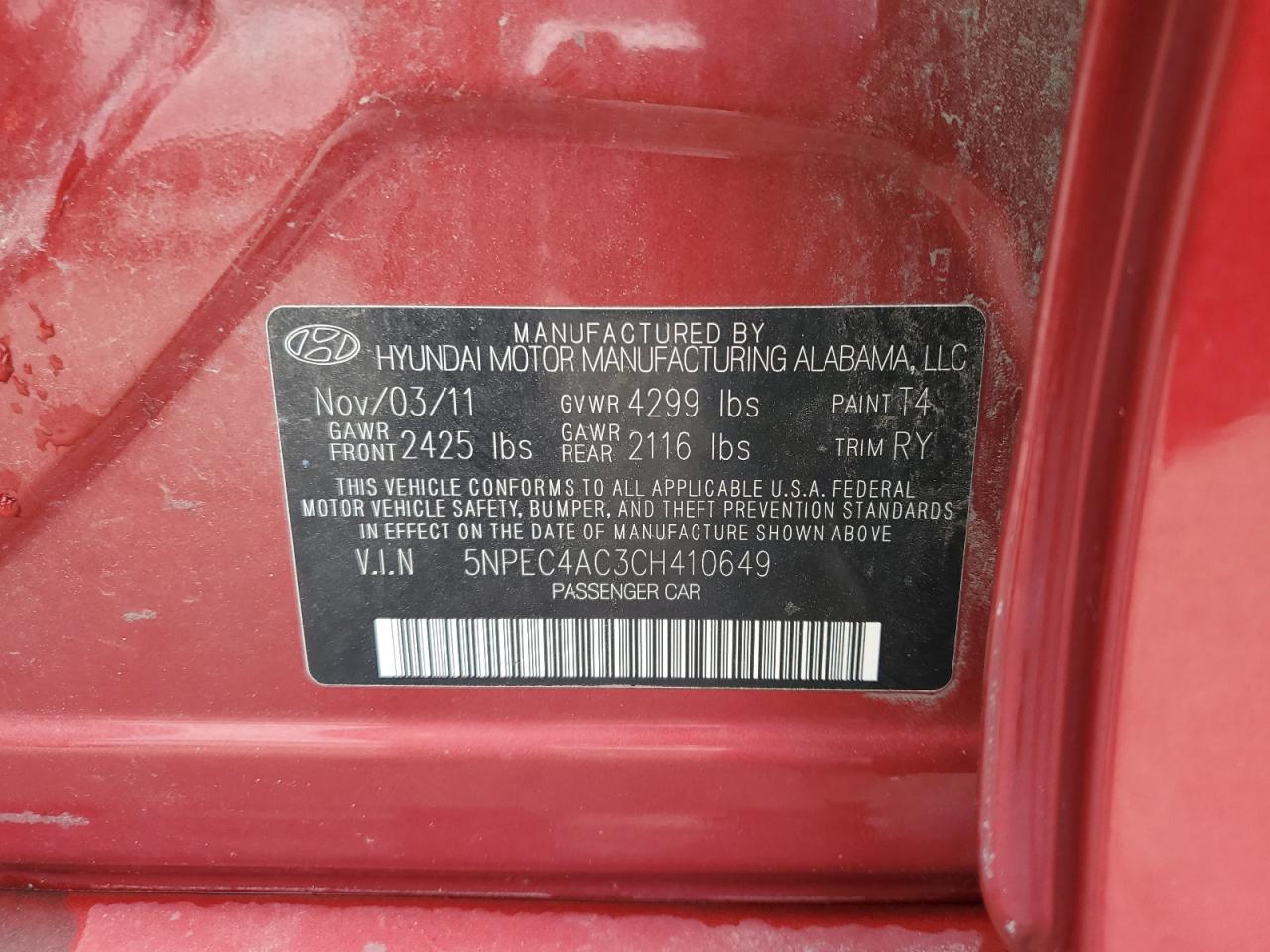 Photo 11 VIN: 5NPEC4AC3CH410649 - HYUNDAI SONATA 