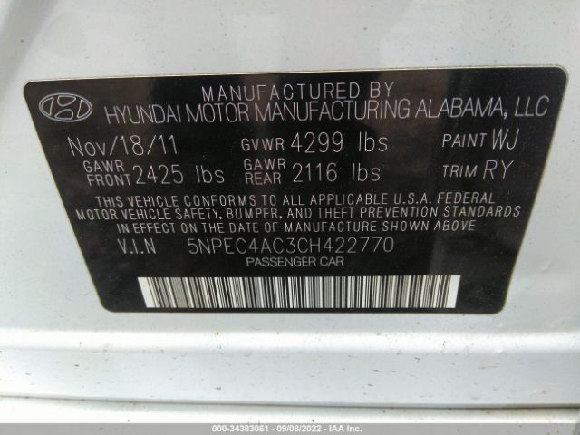 Photo 8 VIN: 5NPEC4AC3CH422770 - HYUNDAI SONATA 