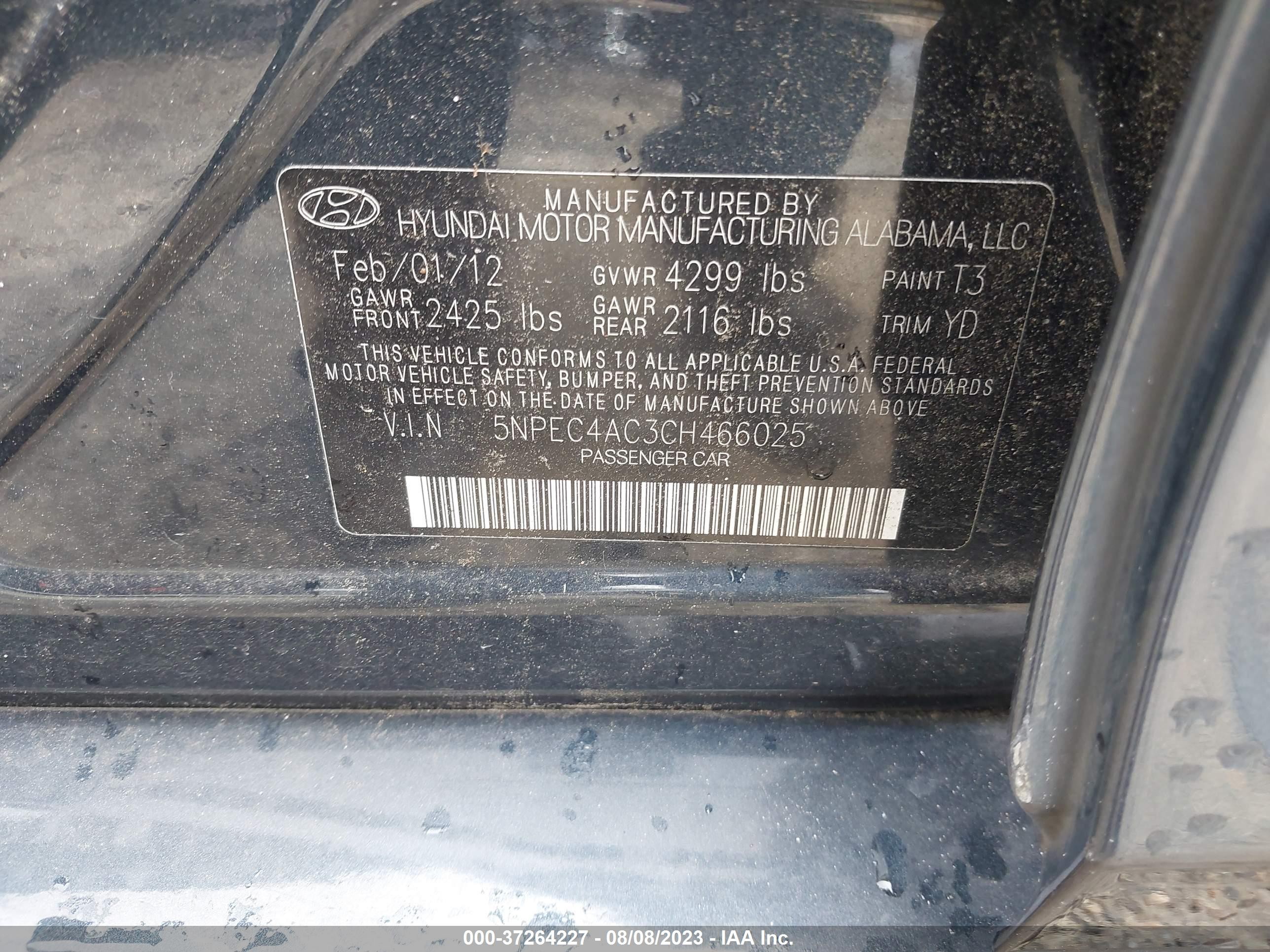 Photo 8 VIN: 5NPEC4AC3CH466025 - HYUNDAI SONATA 