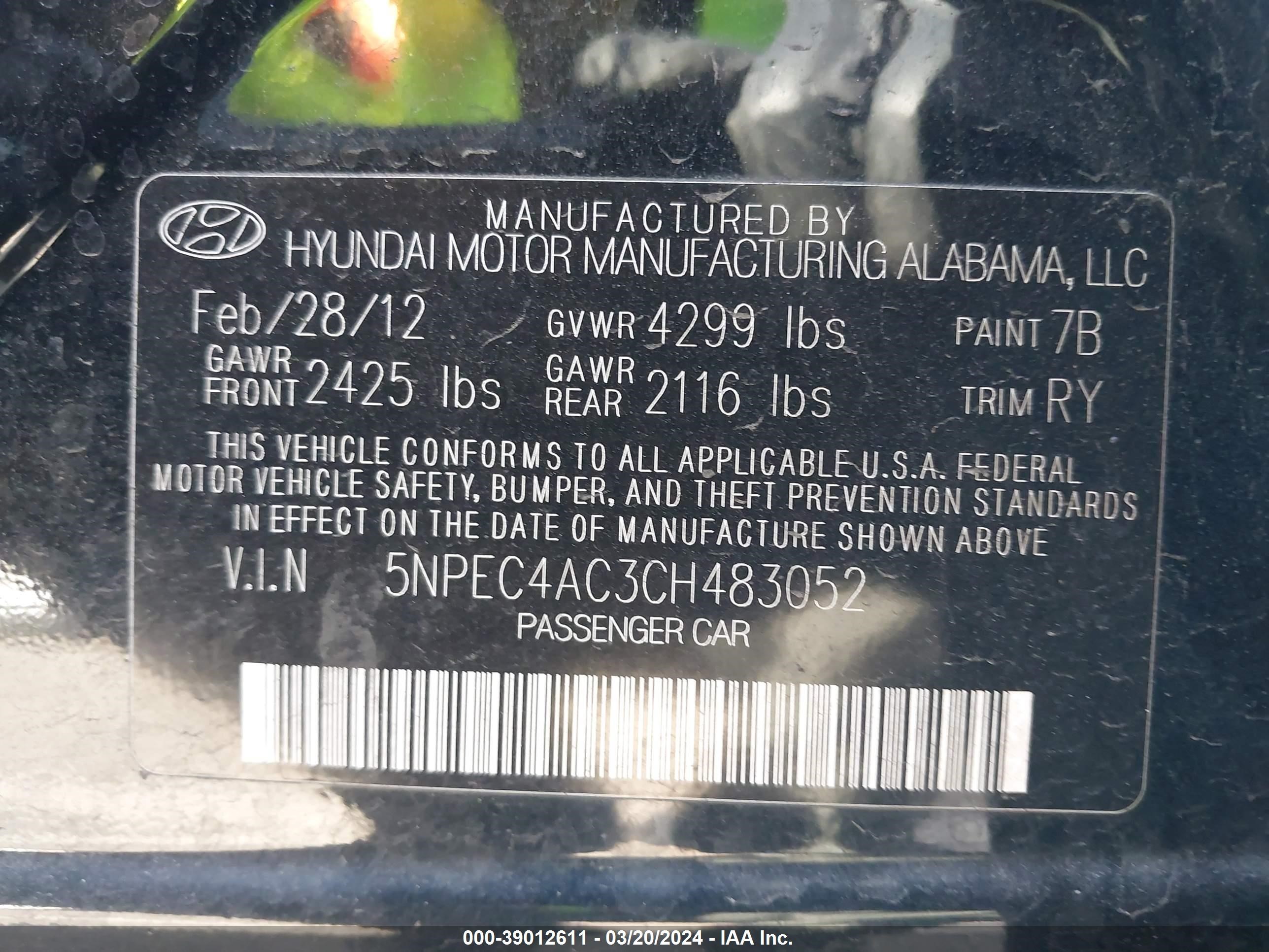 Photo 8 VIN: 5NPEC4AC3CH483052 - HYUNDAI SONATA 