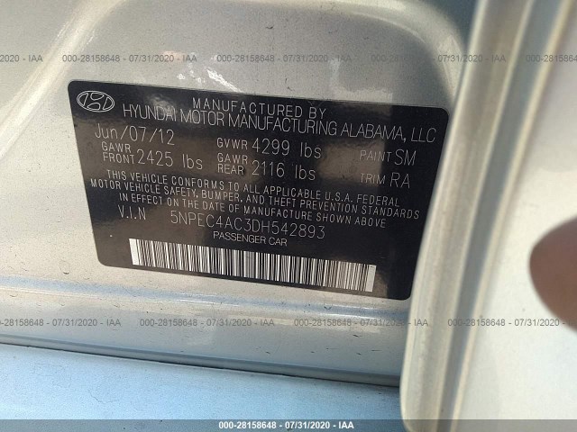 Photo 8 VIN: 5NPEC4AC3DH542893 - HYUNDAI SONATA 