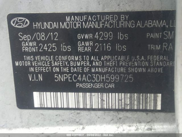 Photo 8 VIN: 5NPEC4AC3DH599725 - HYUNDAI SONATA 