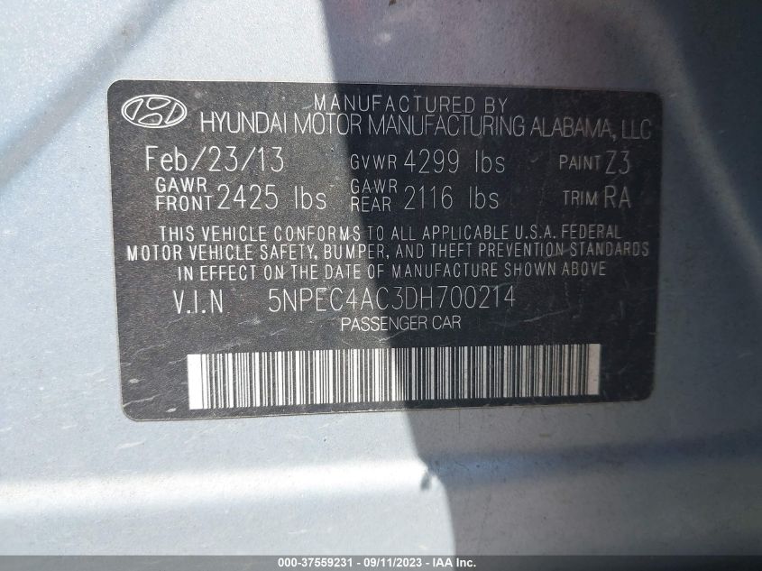 Photo 8 VIN: 5NPEC4AC3DH700214 - HYUNDAI SONATA 