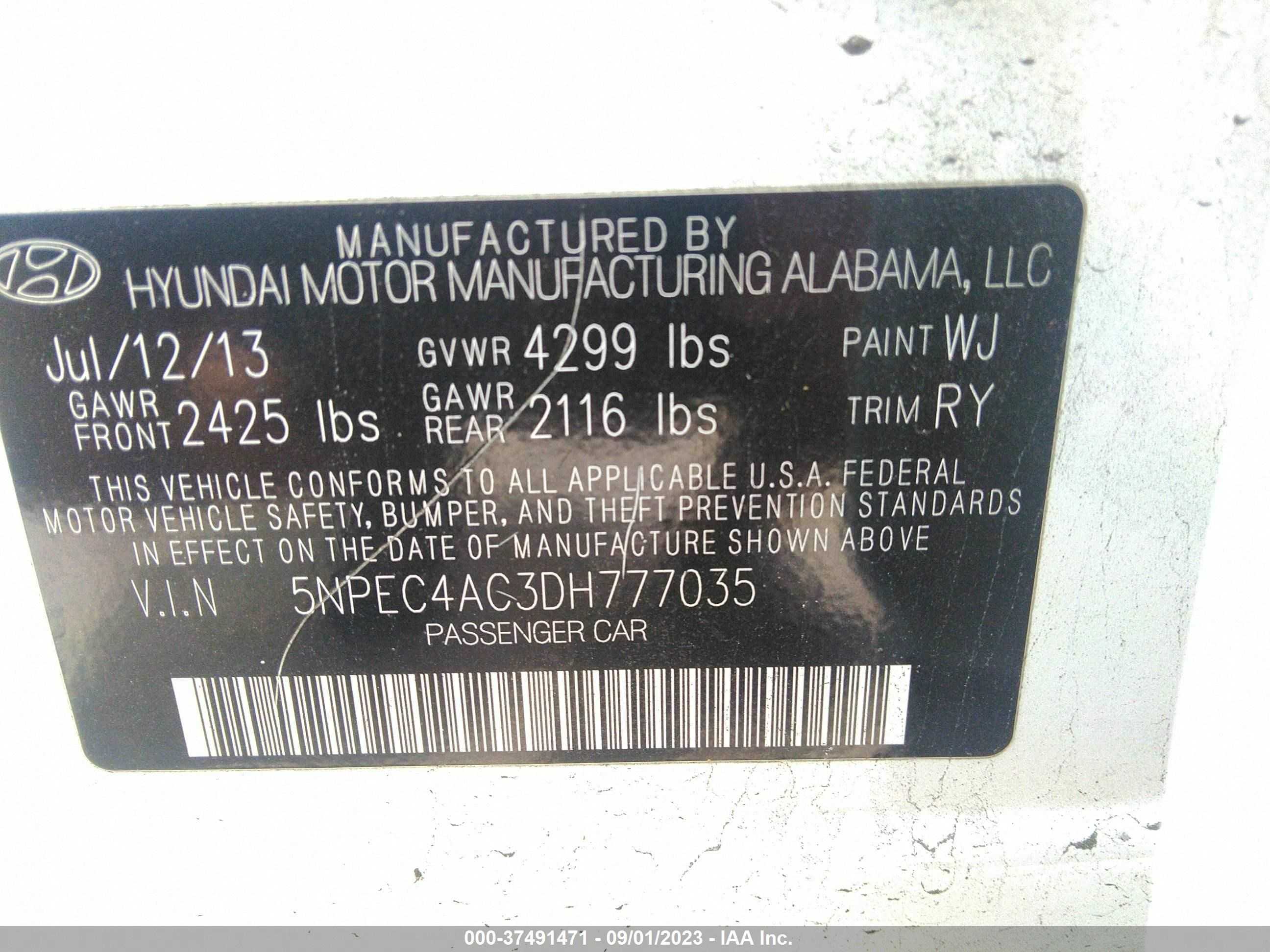 Photo 8 VIN: 5NPEC4AC3DH777035 - HYUNDAI SONATA 