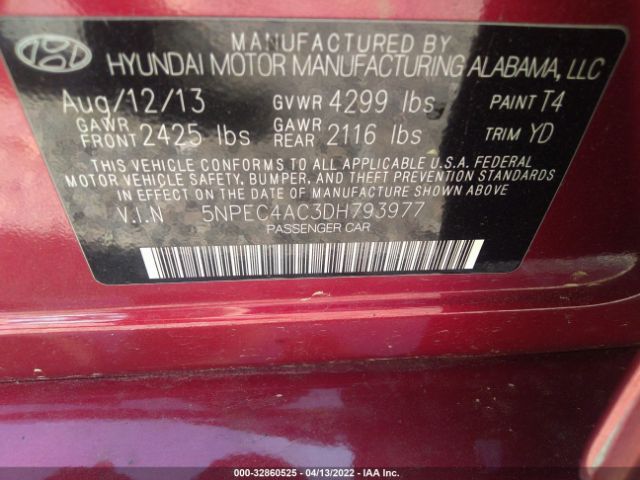 Photo 8 VIN: 5NPEC4AC3DH793977 - HYUNDAI SONATA 