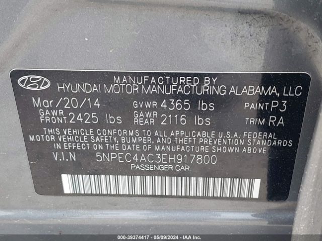 Photo 8 VIN: 5NPEC4AC3EH917800 - HYUNDAI SONATA 